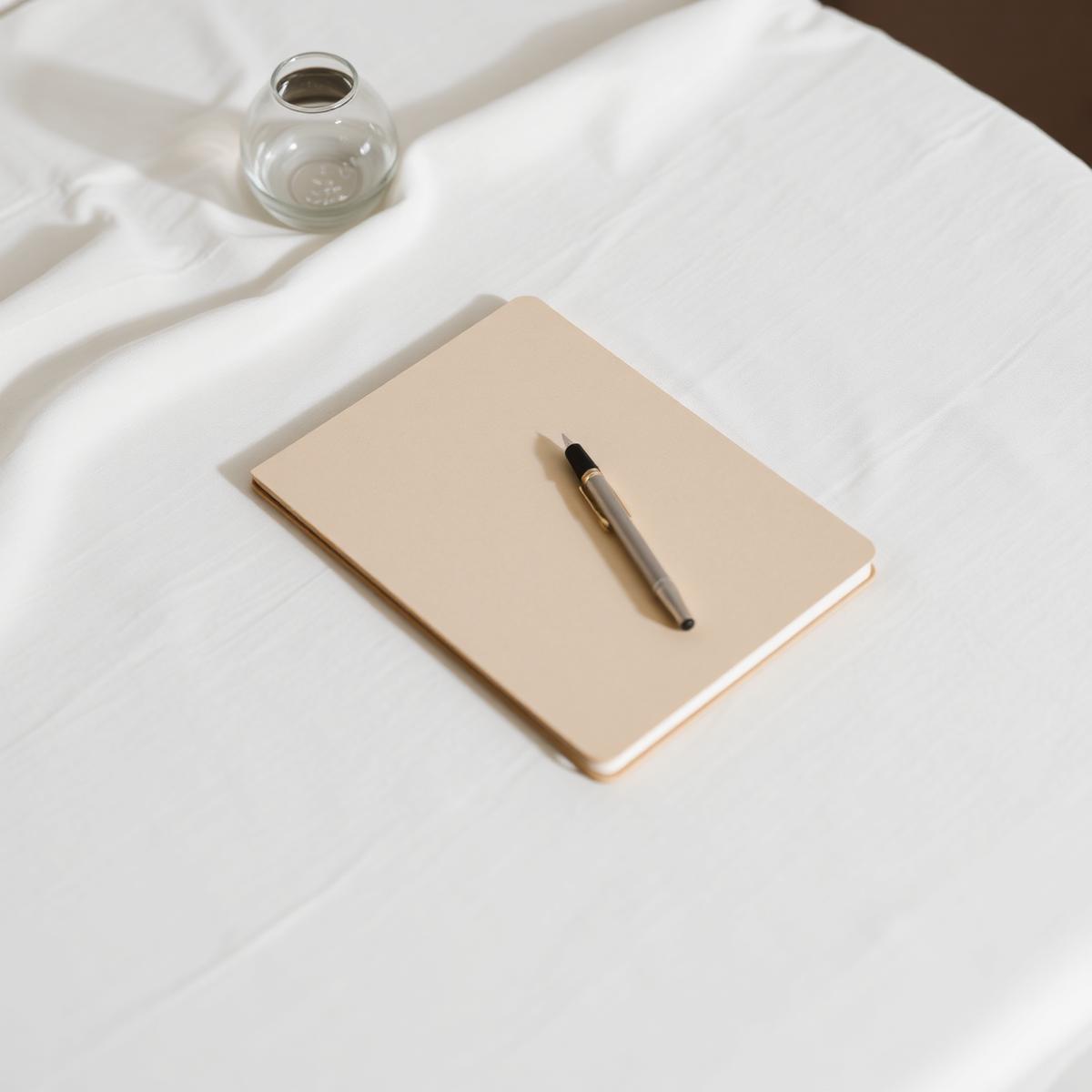 A quiet workspace with a notebook and pen